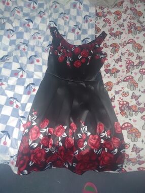 White House Black Market Black Dress with Red Rose Print -
